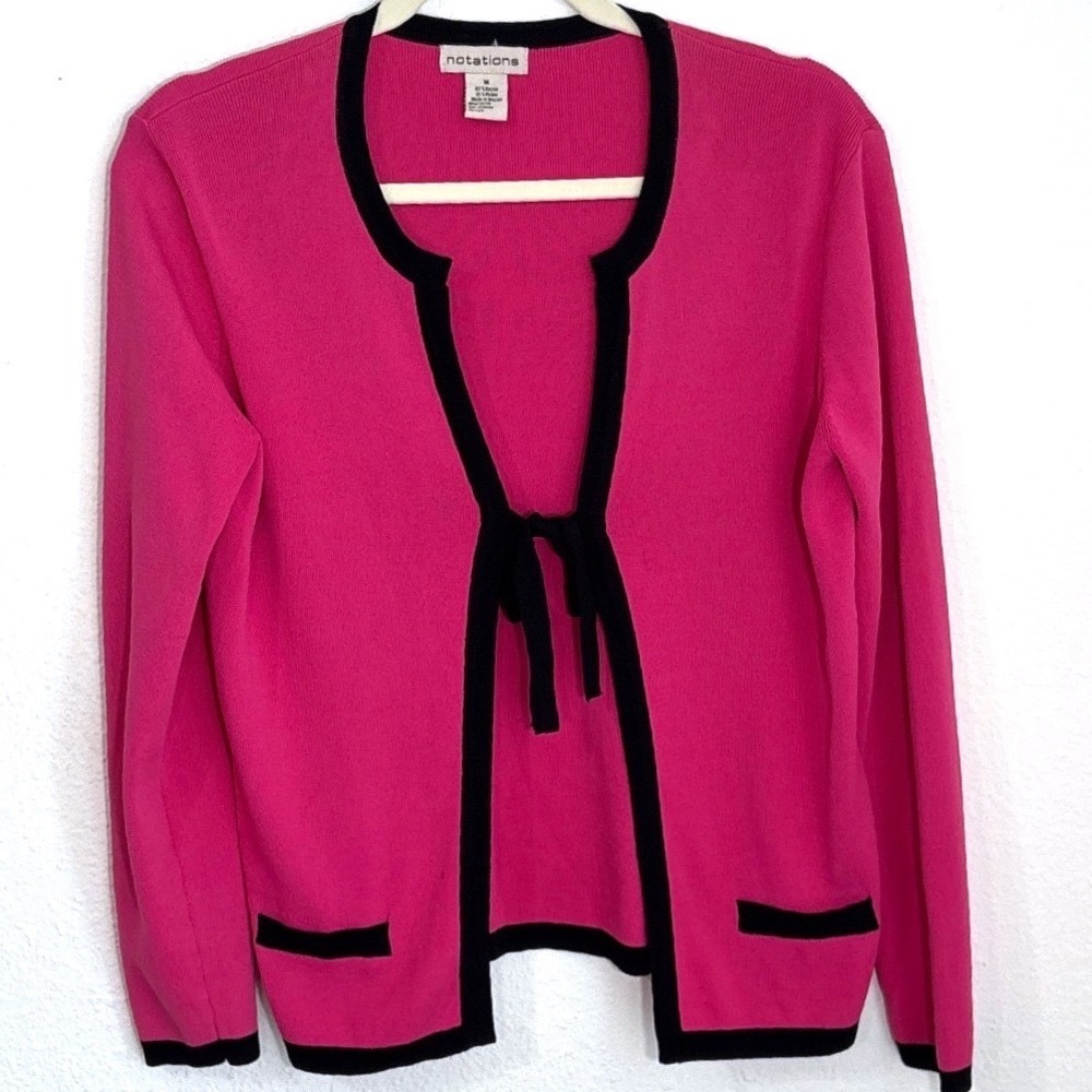 Pink Black Contrast Trim Tie Front Cardigan M Barbiecore Preppy Dainty Girlhood